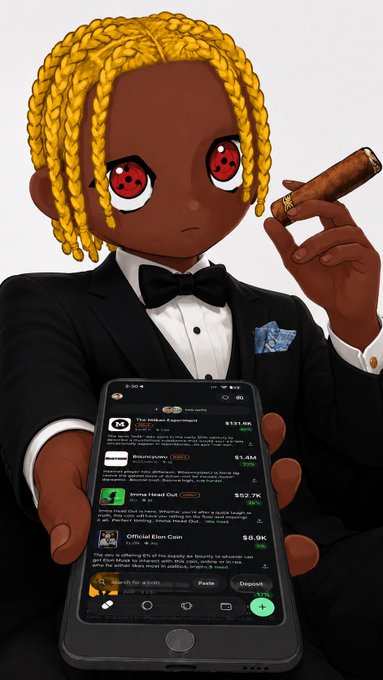 The image features a cartoon character wearing a tuxedo, holding a cell phone with an app displayed on its screen. The character appears to be dressed for a formal event or party, as indicated by their attire. The caption of the image reads "gm any cool projects on @Pumpfun I should ape". This suggests that there might be some interesting or unique projects related to fashion, design, or technology featured in the app displayed on the cell phone's screen.