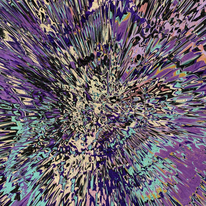 An abstract digital artwork featuring a burst of purple, teal, black, and cream colors radiating outward from the center in an explosive, glitch-like pattern.