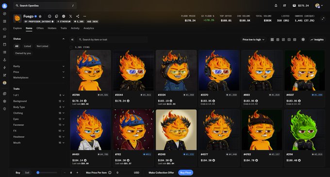 The image shows an OpenSea NFT marketplace listing for the "Fungo" collection, displaying various flaming character avatars priced around $170-180 with stats like 378.2K floor price and -178.2% trend. The screenshot supports the post's claim about the Lighter CEO's bullish endorsement of the Fuego NFT community by showcasing the actual collection being promoted.