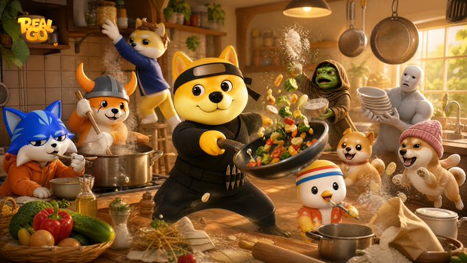 A chef dog in ninja garb stir-fries vegetables in a busy kitchen alongside various meme characters including Doge, Shiba Inu, Shrek, Smurf Cat, and a duck. The "REAL GO" logo appears in the upper left corner, tying into the caption's theme of "Memes are always cooking something."