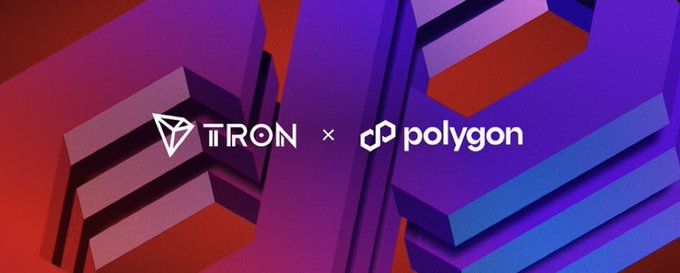 A promotional graphic displays the logos for TRON and Polygon side by side against a purple and orange abstract 3D background.