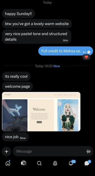 A direct message conversation screenshot complimenting a website's warm pastel tone and welcoming page design.