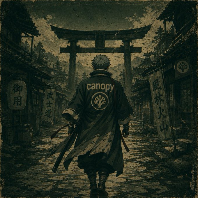 The image features a man dressed in medieval clothing, holding a sword and walking down a street lined with buildings. The scene appears to be set in an old town or village, possibly inspired by Japanese culture. There are several signs around the area that read "CNPY" and "Testnet went live". This suggests that the image might be related to a campaign or promotion for Testnet, which is a testnet network where users can deploy their own L1s without needing to create a full blockchain first. The man in the image could be promoting this service or showcasing the benefits of using Testnet as a platform for deploying and managing distributed applications.