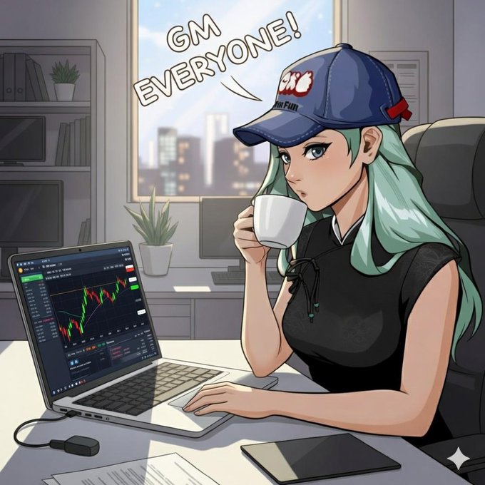 An anime-style character with teal hair and a blue cap greets viewers with "GM EVERYONE!" while sipping coffee from behind a laptop displaying a green and red financial chart, complementing the post's message about River Finance's consistent Season 6 ecosystem growth, staking rewards, and active community participation.