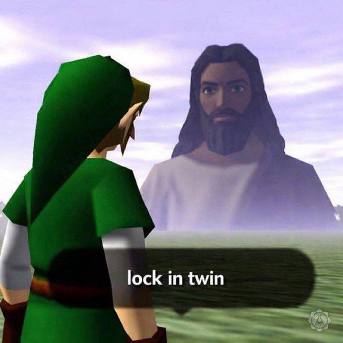 The image shows Link from Ocarina of Time gazing up at a ghostly Jesus apparition with the caption "lock in twin," used to humorously convey the meme's theme of finding spiritual focus or determination in the face of a looming opportunity (like the @standard_rsv launch).