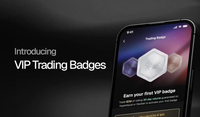 A promotional graphic announces "Introducing VIP Trading Badges" alongside an iPhone displaying the Trading Badge screen with text reading "Earn your first VIP badge" and "Trade $2M of rolling 30-day volume guaranteed on Hyperliquid or Decibel to activate your first badge." The image directly visualizes the post's message about Tria's self-custodial VIP Trading Program, which rewards users with lower trading fees (up to 50%) based on their trading volume.