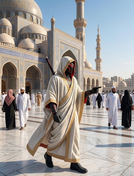 A figure in white and gold robes with a black mask and gloves stands in a courtyard outside a mosque, with a sword visible on their back.