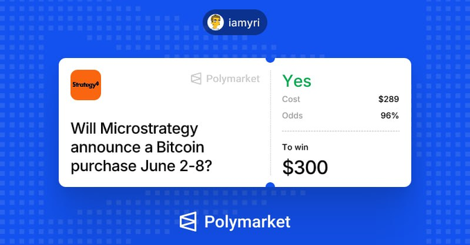 The image shows an advertisement for microstrategy, which is likely related to Bitcoin or digital currency. A message on a blue and white background reads "I'll buy Bitcoins if Microstrategy announces a Bitcoin." The text above indicates that someone may place a $900 bet on @Polymarket, suggesting it could be a significant event in the world of cryptocurrency. The advertisement implies that there might be potential gains or risks involved depending on how well Microstrategy does with its announcement and whether Bitcoin becomes more popular or less valuable after the announcement.