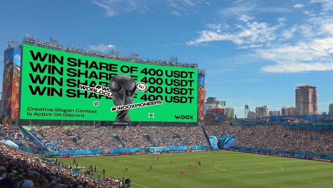 The image shows an advertisement for a pitch-side cheering event, where people are encouraged to share their favorite football team's slogan with others using a specific hashtag. The event aims to promote WOO X, a company that provides financial services related to sports. The text in the image encourages viewers to "Win a share of 400 USDT in futures credits! Join our Pitch-Side Cheering showdown: Write a clever slogan linking WOO X features to your favorite football team Tag 3 friends Drop your proof in Discord #cheer-submissions bit.ly/WOO_X_Discord". The image also includes the hashtag "#cheer-submissions" and "drop your proof in Discord #cheer-submissions bit.ly/WOO_X_Discord", which are relevant to the event's theme.