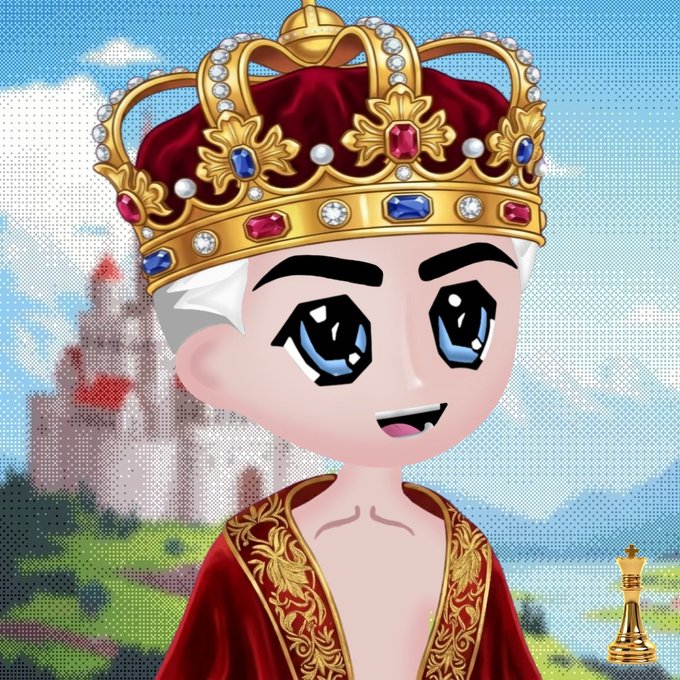 An animated cartoon king character with a jeweled crown, fangs, and red royal robes stands before a fairytale castle, with a small gold chess king piece visible in the corner.
