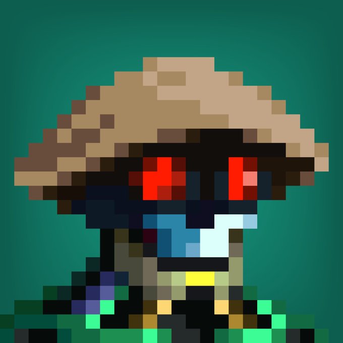 A pixel art character with a tan hat, red glowing eyes, and green clothing against a teal background.