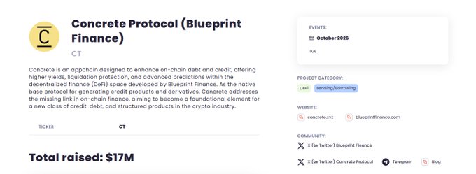 An informational card for 'Concrete Protocol (Blueprint Finance)' with ticker 'CT' describes it as an appchain for on-chain debt and credit, listing a 'Total raised: $17M' and a TGE event in October 2026.