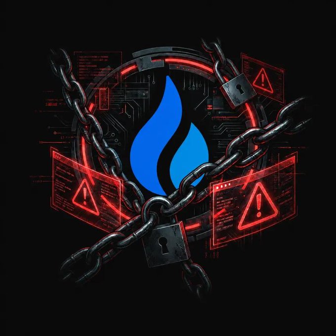 The image features a blue flame logo wrapped in chains and padlocks, surrounded by red warning alerts and digital code, symbolizing restriction or suspension. It visually represents Binance's decision to halt transactions for HTX and other crypto platforms due to regulatory changes.