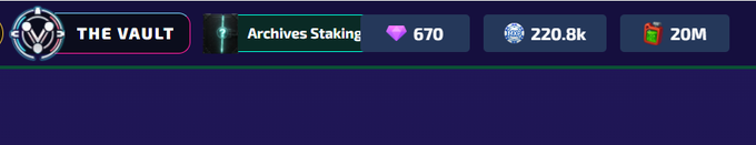 A dark-themed website header for 'THE VAULT' showing 'Archives Staking' with a heart icon at 670, a vault icon at 220.8k, and a money bundle icon at 20M.