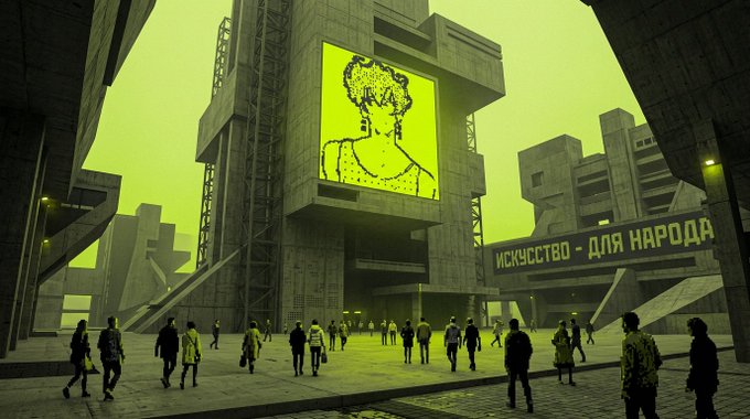 A dystopian, green-tinted digital artwork of a brutalist concrete building featuring a large illuminated portrait of a woman and a sign in Cyrillic reading 'ИСКУССТВО - ДЛЯ НАРОДА' (Art for the People), with silhouetted figures walking in the plaza.