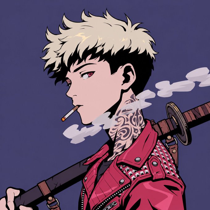 An anime-style illustration of a young man with two-toned black and blonde hair, neck tattoos, and a red jacket, smoking a cigarette with a sword on his back.