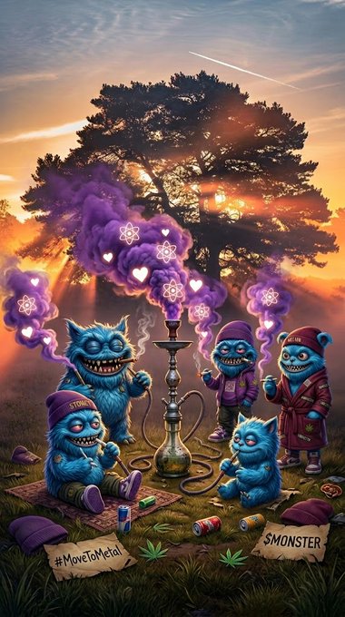 The image features a group of cartoon characters, including a blue monster with a pipe, sitting around a campfire under a tree at sunset. The characters are smoking pipes while enjoying each other's company. There are also some signs that read "MOVE TO METAL # MoveToMetal @ MsJbTDBN @ METALM0NSTERS $MONSTER $STONEY".
