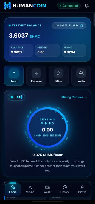 A screenshot of the HumanCoin wallet app showing a Testnet Balance of 3.9637 $HMC, a Mining Console with 0.00 SHMC mined this session, and navigation tabs for Home, Mining, Wallet, History, and Profile.