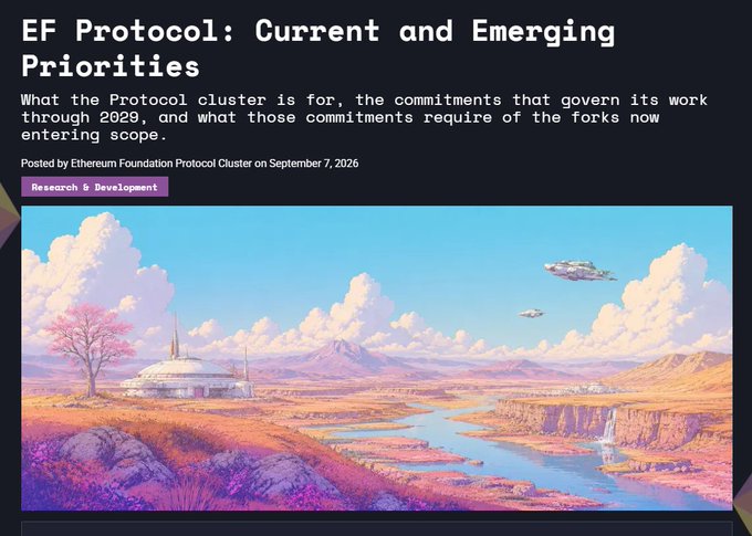 An Ethereum Foundation blog post titled "EF Protocol: Current and Emerging Priorities" dated September 7, 2026, tagged "Research & Development," featuring a colorful landscape illustration with futuristic domes and flying ships.