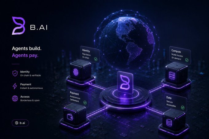 A promotional graphic for B.AI with the tagline 'Agents build. Agents pay.' showing a network of cubes labeled Identity, Compute, Payment, Data, and Access connected to a central B.AI logo on a globe.