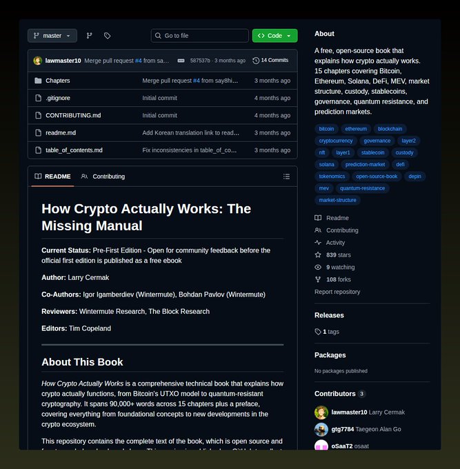 A GitHub repository page for "How Crypto Actually Works: The Missing Manual" by lawmaster10, an open-source technical book spanning 90,000+ words across 15 chapters covering Bitcoin UTXO, Ethereum, Solana, DeFi, MEV, market structure, custody, stablecoins, governance, quantum resistance, and prediction markets. The post highlights the book's role as a comprehensive resource explaining crypto mechanics from foundational UTXO concepts to quantum-resistance cryptography.