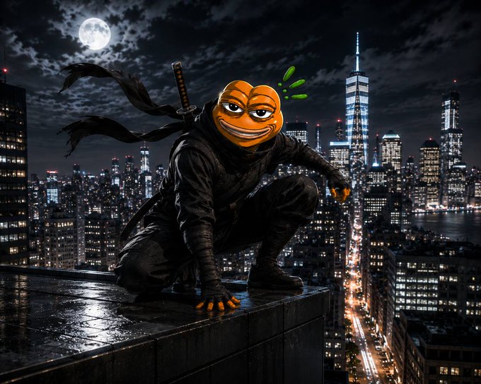 A meme image showing a ninja crouched on a rooftop overlooking a nighttime city skyline (resembling New York City), but with an orange troll face emoji edited onto the ninja's head, complete with a sword on its back.