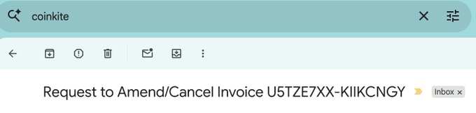 A Gmail search result for 'coinkite' displaying an email titled 'Request to Amend/Cancel Invoice U5TZE7XX-KIIKCNGY' in the inbox.