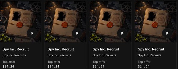 A row of four identical mobile app listings for 'Spy Inc. Recruit' displayed as Top offers priced at $14.24 each.