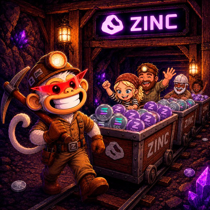 A cheerful monkey miner in red goggles and a hard hat leads mine carts overflowing with purple ZINC and SOL coins through a glowing "ZINC" tunnel, with smiling passengers waving excitedly. The image visually captures the fun, gamified mining atmosphere of The Dig, blending cartoon adventure aesthetics with the crypto token branding referenced in the post.