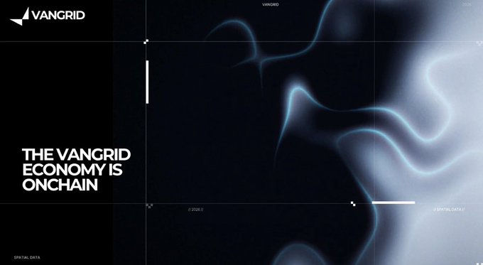 A stylized digital banner for VANGRID displaying the text "THE VANGRID ECONOMY IS ONCHAIN" on the left, with abstract blue and black fluid patterns, grid lines, and hashtags like #TOOLS and #SPATIALDATA on the right.