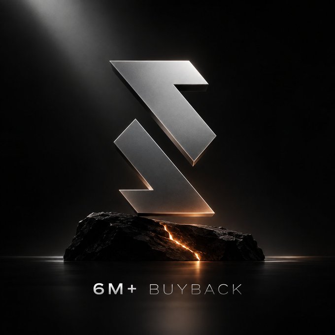 A sleek 3D rendered graphic featuring a metallic stylized "S" logo on a dark rock formation, illuminated by a spotlight, with the text "6M+ BUYBACK" below.