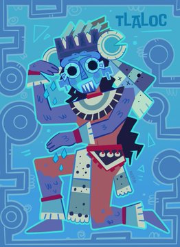 The image is a stylized illustration of the Aztec rain god Tlaloc, rendered in vibrant blues and pinks, showing him in his traditional seated pose with large round eyes, a fanged mouth, and a crescent-shaped headdress, set against a blue background decorated with circular motifs and the word "TLALOC" in the top right corner. The accompanying post reads "No rains #tlaloc #aztec," referencing the Aztec deity of rain depicted in the artwork, with the "no rains" phrase humorously suggesting disappointment at Tlaloc's apparent failure to bring rainfall.