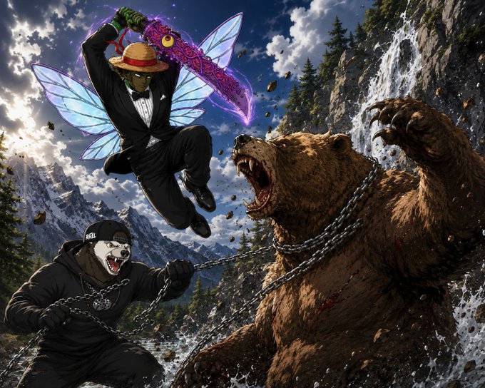 An action-packed image showing a figure in a suit with fairy wings and a straw hat wielding a glowing purple sword, attacking a giant bear, while another figure in a bear mask holds it back with chains.