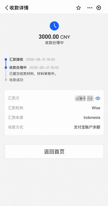 A mobile payment receipt screen in Chinese showing '3000.00 CNY' received via 'Wise' from 'Indonesia', dated 2026-08-31.