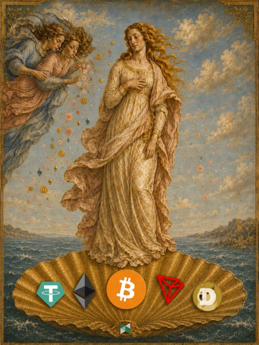 The artwork reimagines Botticelli's "The Birth of Venus" by replacing the traditional shells and floral motifs with cryptocurrency symbols—including Tether (USDT), Ethereum (ETH), Bitcoin (BTC), TRON (TRX), and Dogecoin (DOGE)—standing atop a large golden scallop shell over the sea.

This Poloniex social media post visually unites five major digital assets under one classical canvas, symbolizing how these diverse cryptocurrencies now coexist on the same global financial stage managed by the exchange.