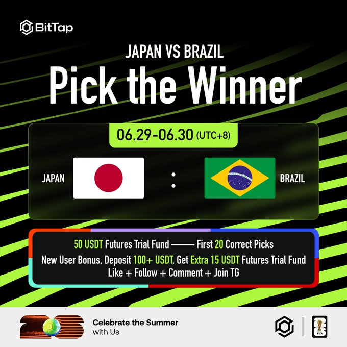 BitTap promotional graphic for a Japan vs Brazil prediction event (06.29-06.30 UTC+8), offering 50 USDT futures trial fund rewards for the first 20 correct picks and a 15 USDT bonus for new users depositing 100+ USDT, with instructions to like, follow, comment, and join their Telegram.