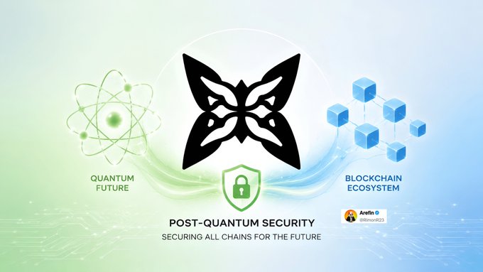 The image features two black butterfly designs, one with a shield and the other with a lock, positioned above the words "Quantum computing is no longer just a research topic. It is forcing a new conversation around the security foundations of blockchain networks." Below these butterfly designs are three blue cubes representing the concept of "blockchain ecosystem". The image also includes text that reads: "Focus on what is in the image and how it relates to the post".