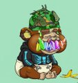 A pixel-art character wearing a leafy crown and dripping colorful paint sits against a mint green background.