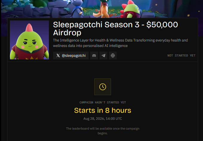 The image displays a Sleepagotchi Season 3 airdrop campaign page with a $50,000 prize pool, featuring the brand's green dinosaur mascot and indicating the campaign hasn't started yet, with a start time of August 28, 2026, 14:00 UTC (8 hours away).

This visual supports the post's message by highlighting one of the upcoming community activities mentioned alongside the Nucleus grind, showing that while Nucleus focuses on its Distribution Layer for Web3, Sleepagotchi's Season 3 airdrop is also "waiting around the corner" as another reason for the community to stay engaged.