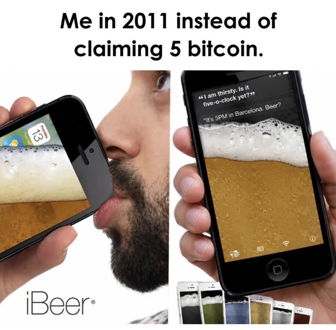 A meme showing vintage advertisements for the "iBeer" smartphone app, with a man drinking beer from his phone screen, captioned "Me in 2011 instead of claiming 5 bitcoin." The app screenshots include the tagline "I am thirsty. Is it five-o'clock yet?? It's 5PM in Barcelona. Beer?"