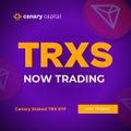 Canary Capital promotional graphic announcing "TRXS NOW TRADING" for The Canary Staked TRX ETF (ticker: TRXS), with "Canary Staked TRX ETF" text at the bottom. The image serves as the visual announcement for the ETF's debut on participating brokerages, matching the accompanying post's news about the TRON-based fund's launch.