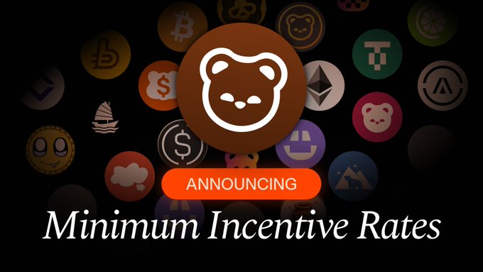A brown bear logo (Berachain's mascot) is centered against a backdrop of various cryptocurrency coin icons, with an orange "ANNOUNCING" tag and the text "Minimum Incentive Rates" displayed below, visually representing Berachain's announcement of its new MIR feature aimed at reducing emissions to Reward Vaults lacking incentives.
