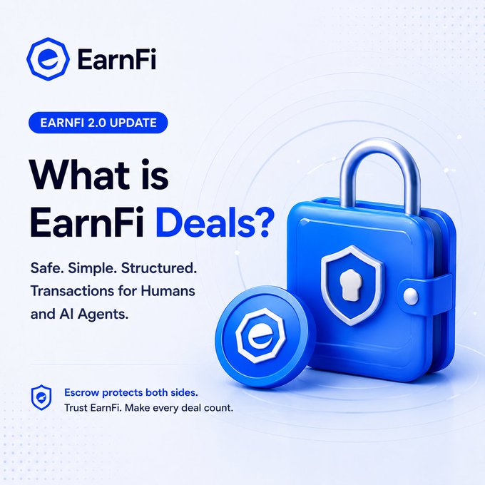 A promotional graphic for 'EarnFi 2.0 UPDATE' explaining 'What is EarnFi Deals?' as 'Safe. Simple. Structured. Transactions for Humans and AI Agents,' featuring a 3D blue padlock and shield icon.