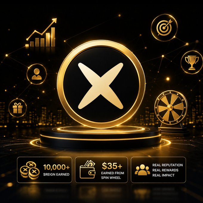 A promotional graphic featuring a large gold X token on a pedestal, with stat boxes showing '10,000+ $REIGN EARNED', '$35+ EARNED FROM SPIN WHEEL', and 'REAL REPUTATION REAL REWARDS REAL IMPACT'.