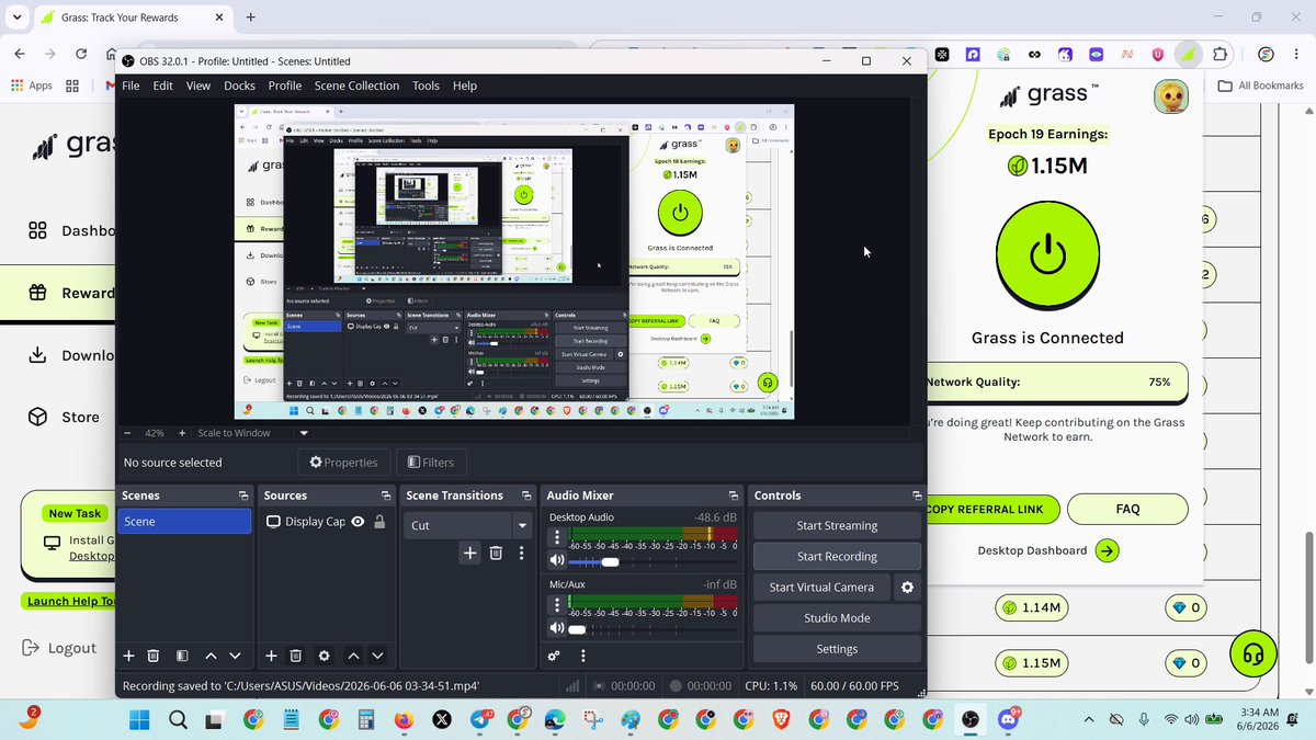 The image shows a computer screen displaying an open web browser with a video playing, likely a movie or presentation. The background of the image has a green hue, which contrasts with the white text that reads "@grass Season 2 Airdrop Update Many people are asking when the airdrop will come". The post also mentions that rewards will be distributed at Stage 2 and encourages users to stay active by contributing to the network.