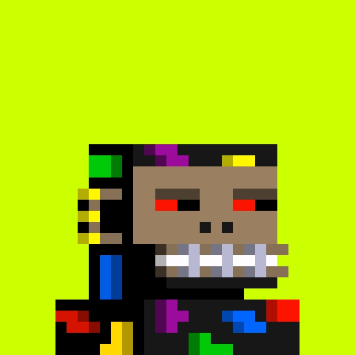 A low-resolution pixel art character with brown skin, red glowing eyes, and a metallic jaw set against a bright yellow-green background.