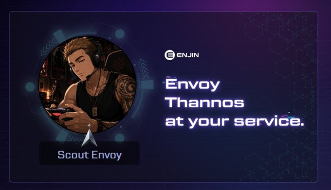 A promotional graphic featuring 'ENJIN' logo with a circular avatar of a tattooed man holding a phone, labeled 'Scout Envoy,' alongside text reading 'Envoy Thannos at your service.'