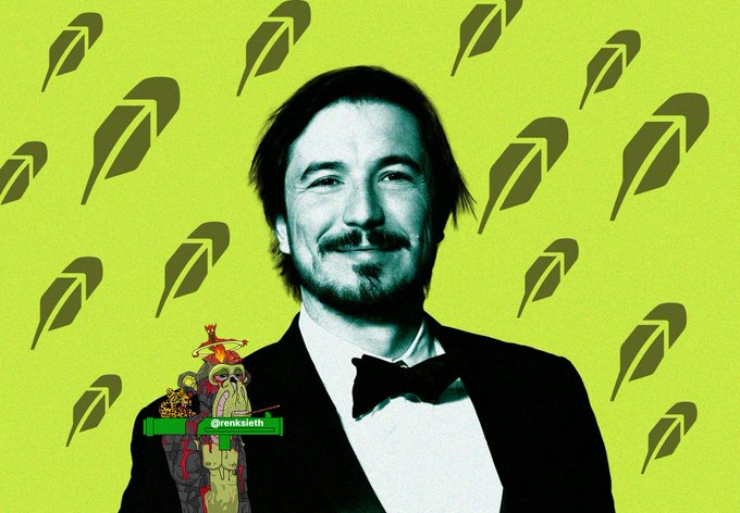 A stylized portrait of a smiling man in a tuxedo and bow tie set against a yellow-green background with feather patterns, with a small cartoon graphic and '@renksielti' text at the bottom.