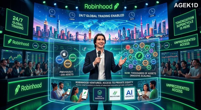 A promotional graphic for Robinhood featuring a man speaking into a microphone, with surrounding text including 'Robinhood', '24/7 GLOBAL TRADING ENABLED', 'TOKENIZATION SUPERCYCLE IS HERE', 'UNPRECEDENTED ACCESS', and 'NOW: THOUSANDS OF ASSETS (MASSIVE SCALING)'.