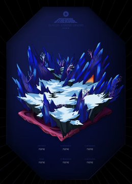 A digital illustration showing a cluster of blue crystal shards emerging from a pink base against a dark background, displayed within a hexagonal frame.